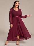 Plus Size Pleated High-Low Formal Dress wiith Long Sleeves