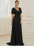 Elegant V-Neck Pleated A-Line Bridesmaid Dress with Short Sleeves
