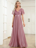 Elegant V-Neck Pleated A-Line Bridesmaid Dress with Short Sleeves