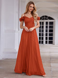 Pleated A-Line Evening Dress with Floral Cold-Shoulder
