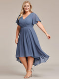 Plus Size Lavender Chiffon A-Line Wedding Guest Dress with Sleeve #color_Dusty Blue