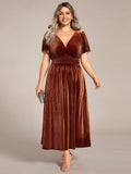 Elegant V-Neck Empire Waist Velvet Wedding Guest Dress