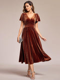 Elegant V-Neck Empire Waist Velvet Midi Bridesmaid Dress