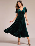 Elegant V-Neck Empire Waist Velvet Midi Bridesmaid Dress