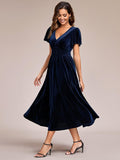 Elegant V-Neck Empire Waist Velvet Wedding Guest Dress