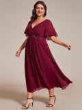 Elegant Plus Size V-Neck Flutter Sleeve Embellished Midi Wedding Guest Dress