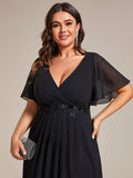 Elegant Plus Size V-Neck Flutter Sleeve Embellished Midi Wedding Guest Dress
