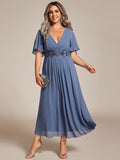 Elegant Plus Size V-Neck Flutter Sleeve Embellished Midi Wedding Guest Dress