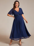 Elegant Plus Size V-Neck Flutter Sleeve Embellished Midi Wedding Guest Dress