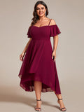 Plus Size Chiffon High-Low Wedding Guest Dress with Cold Shoulder