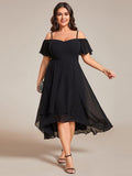 Plus Size Chiffon High-Low Wedding Guest Dress with Cold Shoulder