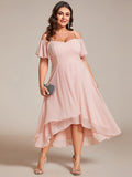 Plus Size Chiffon High-Low Wedding Guest Dress with Cold Shoulder