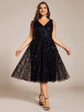 Plus Size V-Neck Sequin Applique Midi Wedding Guest Dress