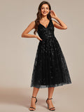 Classy V-Neck Sequin Applique Midi Wedding Guest Dress