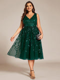 Plus Size V-Neck Sequin Applique Midi Wedding Guest Dress