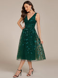Classy V-Neck Sequin Applique Midi Wedding Guest Dress