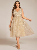 Plus Size V-Neck Sequin Applique Midi Wedding Guest Dress