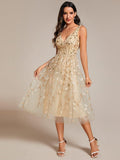 Classy V-Neck Sequin Applique Midi Wedding Guest Dress