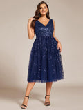 Plus Size V-Neck Sequin Applique Midi Wedding Guest Dress