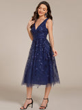 Classy V-Neck Sequin Applique Midi Wedding Guest Dress