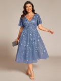 Plus Size V-Neck Sequin Applique A-Line Formal Wedding Guest Dress