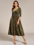 V-Neck Velvet Pleated Wedding Guest Dress with Pockets