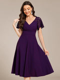 Classy V-Neck Pleated Wedding Guest Dress with Lace Sleeves