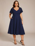 Plus Size V-Neck Pleated Wedding Guest Dress with Pockets