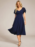 Classy V-Neck Pleated Wedding Guest Dress with Lace Sleeves