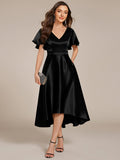 Glitter Satin A-Line Wedding Guest Dress with Short Sleeves