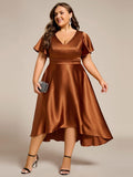 Plus Size Satin Wedding Guest Dress with Short Sleeves