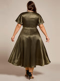 Plus Size Satin Wedding Guest Dress with Short Sleeves