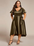 Plus Size Satin Wedding Guest Dress with Short Sleeves