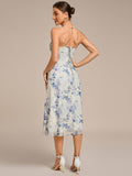 Spaghetti Straps Floral Print Pleated Wedding Guest Dress