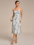 Spaghetti Straps Floral Print Pleated Wedding Guest Dress