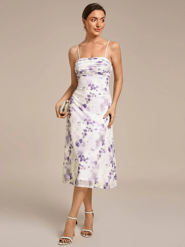 Spaghetti Straps Floral Print Pleated Wedding Guest Dress
