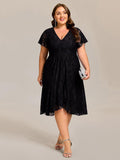 Plus Size Lace Midi Wedding Guest Dress with Short Sleeves