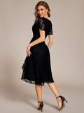V-Neck Lace Midi Wedding Guest Dress with Short Sleeves