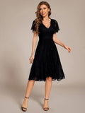 V-Neck Lace Midi Wedding Guest Dress with Short Sleeves