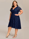 Plus Size Lace Midi Wedding Guest Dress with Short Sleeves