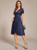 V-Neck Lace Midi Wedding Guest Dress with Short Sleeves