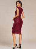 V-Neck Sequin Ruched Bodycon Midi Wedding Guest Dress