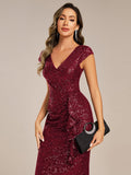 V-Neck Sequin Ruched Bodycon Midi Wedding Guest Dress