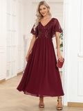 Classy V-Neck A-Line Chiffon Midi Formal Dress with Short Sleeves