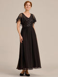 Elegant V-Neck Sequin Top A-Line Mother of the Bride Dress