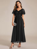 Classy V-Neck A-Line Chiffon Midi Formal Dress with Short Sleeves