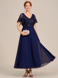 Elegant V-Neck Sequin Top A-Line Mother of the Bride Dress