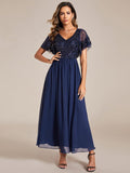 Classy V-Neck A-Line Chiffon Midi Formal Dress with Short Sleeves