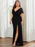 Plus Size V-Neck Pleated Slit Mermaid Mother of the Bride Dress