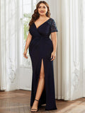 Plus Size V-Neck Pleated Slit Mermaid Mother of the Bride Dress